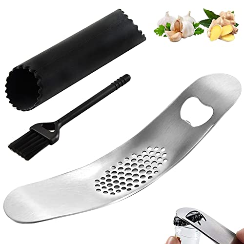 Knoblauchmühle Werkzeuge Multifunktions Garlic Press Knoblauch Crusher Squeezer Knoblauchpresse mit Flaschenöffner Funktion mit Silikon Knoblauchschäler und Reinigungsbürste 3er Set von SHFSDHF