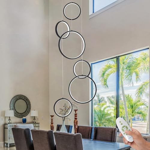 SHIANDAR Schwarzer Moderner Kronleuchter für das Esszimmer, 6Ring LED Kronleuchter für Treppenhaus, LED Foyer Kronleuchter mit Hoher Decke von SHIANDAR