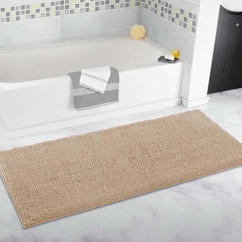 Extra großer Badezimmerteppich, langer Plüsch-Badematte, ultraweicher Chenille-Bodenteppich, rutschfest und super wasserabsorbierend, langer Läufer für Badezimmer (Beige, 80 x 160 cm) von SHIJHUI