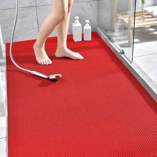 Rutschfeste Drainage-Bodenmatte, großes Netzgewebe, hohles Gummi, Anti-Schimmel-Bodenmatte für Badezimmer/Küche/Pool, PVC-Duschmatte mit Abfluss (Rot, 90 x 180 cm) von SHIJHUI
