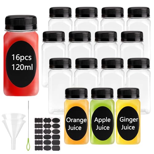 16 Stück 120ml Mini Shot Flaschen Zum Befüllen, Wiederverwendbare Plastikflaschen Zum Befüllen mit Deckel, Kleine Saftflaschen Ingwer Shot Flaschen Shotgläser für Smoothie, Saft, Milch, Wasser von SHILIPAIJC