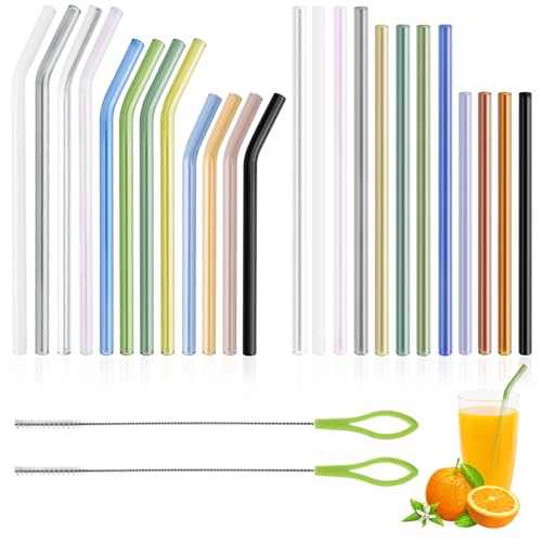 24 Stück Glasstrohhalme, Strohhalme Glas Trinkhalme Wiederverwendbar mit 2 Strohhalm Bürste, 12 Gebogene Glasröhrchen und 12 Gerade Glastrinkhalme für Bubble Tea Cocktail Säfte Smoothie von SHILIPAIJC