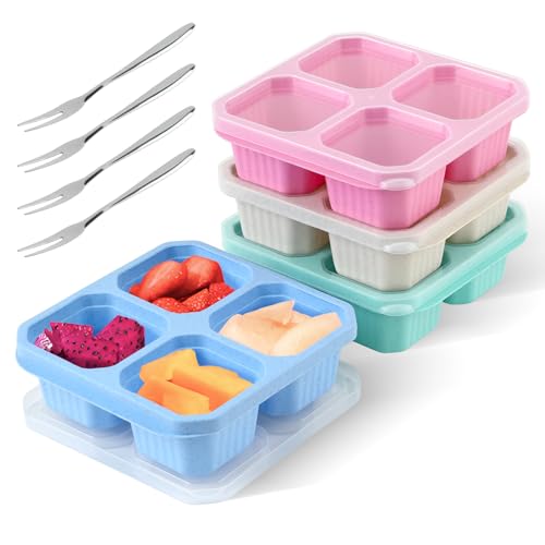 4 Stück Bento Snackbox mit Fächern, Wiederverwendbare Snack-Behälter Mahlzeiten-Vorbereitung für Kinder und Erwachsene mit 4 Obstgabeln, Bento Lunchbox Geteilte Lebensmittelbehälter für Schule, Arbeit von SHILIPAIJC