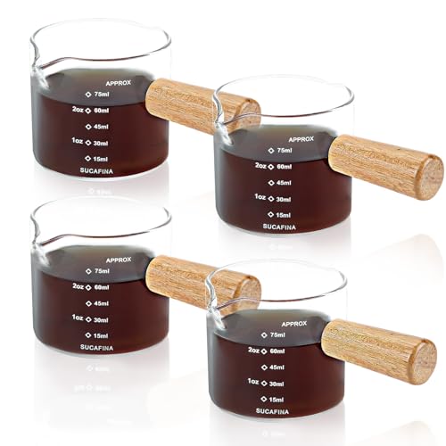 4 Stück Espressotassen mit Holzgriff, Messbecher Glas mit Doppelauslauf und Doppelskala, Espresso Gläser Espresso-Zubehör Kaffeetassen mit V-Auslauf für Kaffee Milch Saft Flüssigkeit (75ml) von SHILIPAIJC