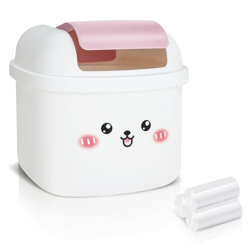 Mini Tischmülleimer mit Deckel, Süßer Cartoon Mülleimer Klein, Schreibtisch Tischabfalleimer Tragbarer mit Müllbeuteln, Tisch Mülleimer Papierkorb KäSten für BüRos, Kinderzimmer, Wohnzimmer (Weiß) von SHILIPAIJC