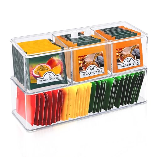 SHILIPAIJC 2 Stück Acryl Teebox, Stapelbar Teeboxen für Teebeutel Tee Aufbewahrung mit Deckel und Ablagefach, Tee Organizer Tee Aufbewahrungsbox für Kaffeepads Teebeutel Zuckerpäckchen (Transparent) von SHILIPAIJC