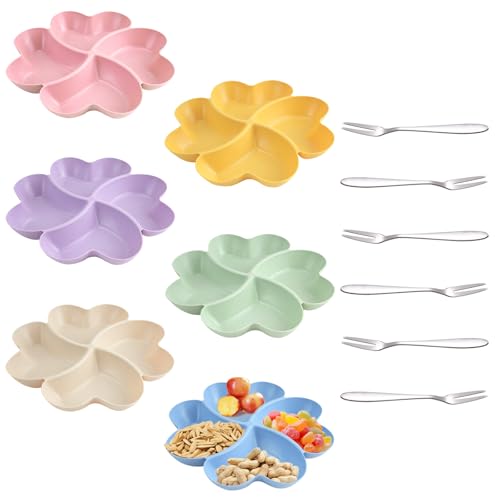 SHILIPAIJC 6 Stück Snackteller mit Fächern, Snackschale Wiederverwendbar mit 6 Fruchtgabeln, Obstteller Snack Spinner Snackbox für Snack Obst Nüsse Desserts Essen Getrocknetes, für Familientreffen von SHILIPAIJC