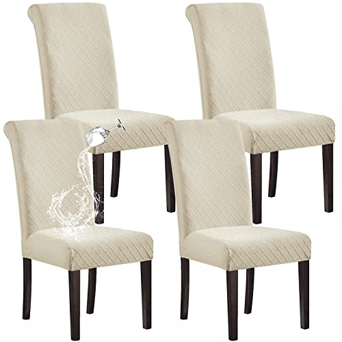 SHILV. HOME 100% Wasserdicht Esszimmer Stuhl Abdeckung Stretch Jacquard Parsons Stuhl Slipcover Abnehmbar Waschbar Stuhl Protector (Beige,Set of 4) von SHILV. HOME