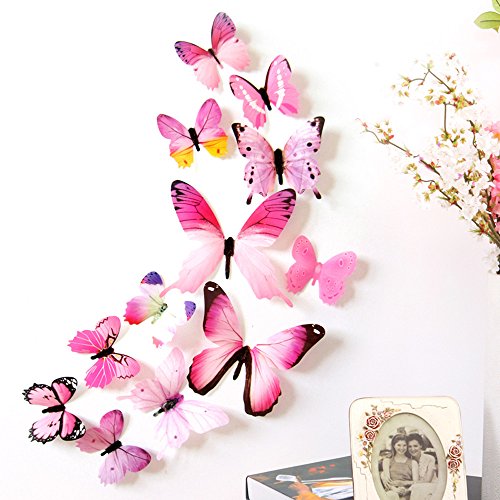 SHINEHUA 12 Stücks Schmetterling Aufkleber Wandsticker Wandtattoo Wanddeko 3D Flügel Schmetterlinge Dekoration für Kinderzimmer Küche Garten Pflanzen Partydekorationen (Pink, OneSize) von SHINEHUA