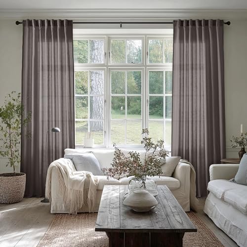 SHINELAND Vorhänge, 244 cm lang, 2-teiliges Set, durchscheinendes Leinen, plissierte Rückseite, Fenstervorhänge für Wohnzimmer, 244 cm Länge, Dunkelbraun von SHINELAND