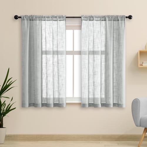 Vorhänge, für Badezimmerfenster, halbtransparente Vorhänge aus künstlichem Leinen mit Stangendurchzug, auch für Schlafzimmer und Küche, 91 x 122 cm (B x L), 2er-Set, Hellgrau von SHINELAND