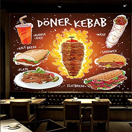 SHINERING Benutzerdefinierte Handgezeichnete Döner Kebab Flache Brot Sandwichplatte Mit Orangensaft Wandbild Tapete Fast Food Restaurant Tapete 3D 250cm (L) × 175cm (H) von SHINERING