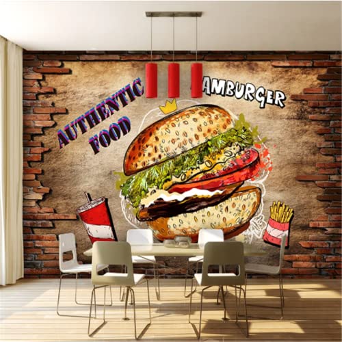 Burger Fast Food Restaurant Tapete 3D Hamburger Essen Snackbar Industrielles Dekor Backsteinmauer Hintergrund Wandbild Tapete 3D 350 cm (L) × 245 cm (H) von SHINERING