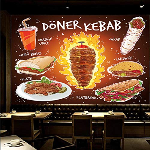 SHINERING Benutzerdefinierte Handgezeichnete Döner Kebab Flache Brot Sandwichplatte Mit Orangensaft Wandbild Tapete Fast Food Restaurant Tapete 3D 350 cm (L) × 245 cm (H) von SHINERING