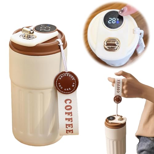 450mL Thermoskanne mit Temperaturanzeige, Thermobecher mit Temperaturanzeige aus 304 Edelstahl, Thermoskanne für Home, Büro, Reise, Sport (Beige & Coffee) von SHINROAD