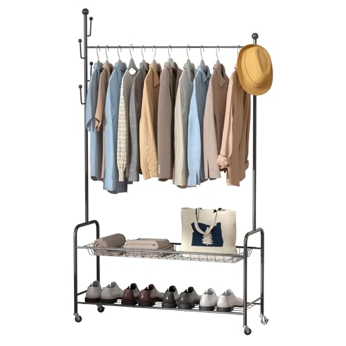 Kleiderstange, Tragbarer Kleiderständer mit Haken und Metallaufbewahrungsregal, Schwerlast Kleiderstange auf Rollen, Kleiderstange Kleiderstangen für Schlafzimmer, Kleiderstangen für Kleidung, hält Kleiderstange, Tragbarer Kleiderständer mit Haken und Metallaufbewahrungsregal, Schwerlast Kleiderstange auf Rollen, Kleiderstange Kleiderstangen für Schlafzimmer, Kleiderstangen für Kleidung, hält von SHINROAD