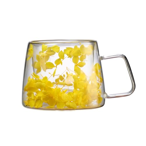 SHINROAD Einzigartiges Geschenk für Kaffeeliebhaber handgezogene Blumenbecher 200 ml Blumenglas Real Tasse Doppelwand Klar mit isoliertem Griff ästhetischer Becher Kälte Gelb 200 ml von SHINROAD