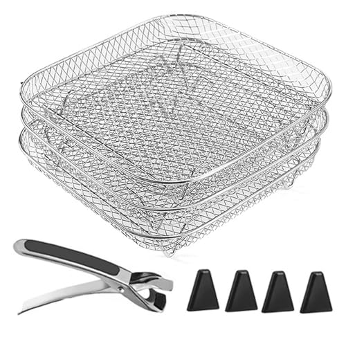SHINROAD Hitzebeständige Luftbraten-Ständer mehrschichtiger Rack 3-Schicht-Quadratrunde Rechteck-Set Edelstahl-Dehydrator mit 4 Silikonfüßen Anti-Scald-Clip Quadrat von SHINROAD