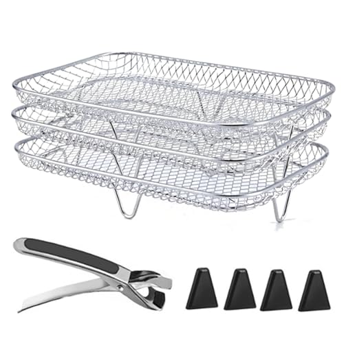 SHINROAD Hitzebeständige Luftbraten-Ständer mehrschichtiger Rack 3-Schicht-Quadratrunde Rechteck-Set Edelstahl-Dehydrator mit 4 Silikonfüßen Anti-Scald-Clip Rechteck von SHINROAD