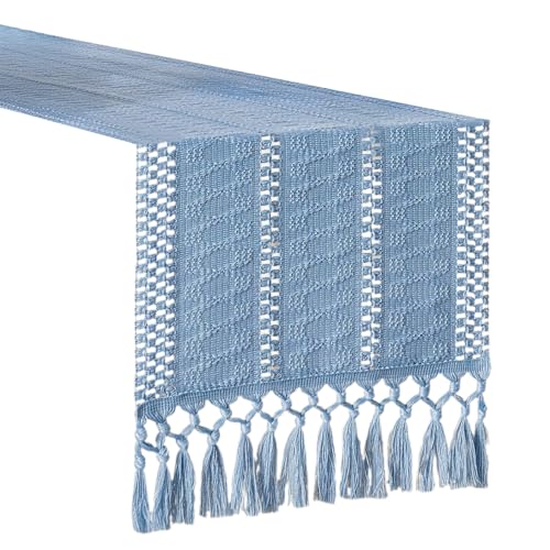 SHINROAD Tischläufer mit mittelschwerer Dicke lässiges Erscheinungsbild Boho Bauernhaus gewebte Quastenkanten natürliches rustikales Dekor für Essstrukturzubehör Blau 120cm von SHINROAD