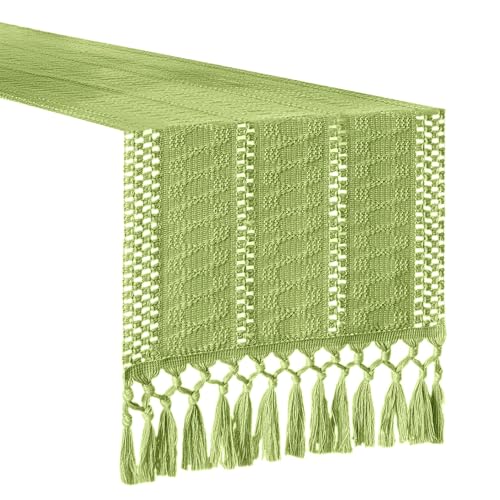 SHINROAD Tischläufer mit mittelschwerer Dicke lässiges Erscheinungsbild Boho Bauernhaus gewebte Quastenkanten natürliches rustikales Dekor für Essstrukturzubehör Grün 120cm von SHINROAD