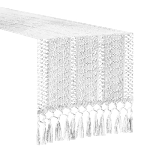 SHINROAD Tischläufer mit mittelschwerer Dicke lässiges Erscheinungsbild Boho Bauernhaus gewebte Quastenkanten natürliches rustikales Dekor für Essstrukturzubehör Weiß 180 cm von SHINROAD