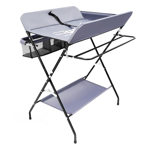 SHIOUCY Baby Wickelkombi Wickeltisch Klappbare Wickelkommode Mobil Wickelkommode Ablagefächern, platzsparend & stabil Dunkelgrau von SHIOUCY