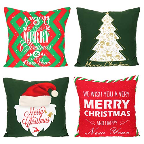 SHIPITNOW 4 x Kissenbezüge Weihnachten 45 x 45 cm – Motiv Weihnachtsmann und Tannenbaum grün, rot und weiß – quadratische Form – 100 % Polyester – Deko für Sofa von SHIPITNOW