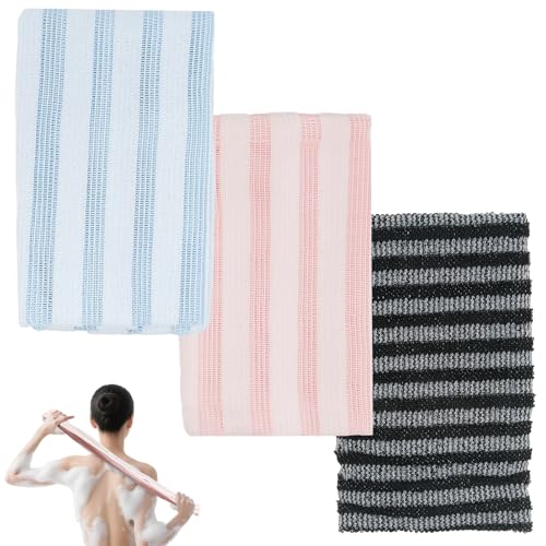 SHIQUAN 3 Stück Peeling Duschhandtuch, Exfoliating Shower Towel, Peeling Rückenschwamm, Waschlappen Rücken, Geeignet für Männer und Frauen（Schwarz Rosa Blau） von SHIQUAN
