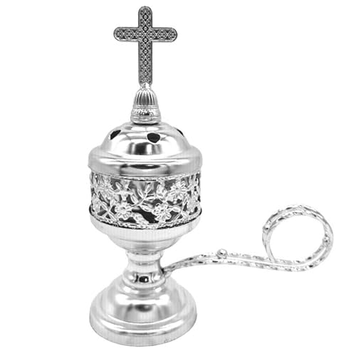 Holzkohle -Weihrauchbrenner plattierter Eisenpackbesitzer katholischer Weihrauchbrenner mit Griff und Cross Exquisites Weihrauchbrenner für Heimkirche, Silber, katholischer Weihrauchbrenner von SHITOOMFE