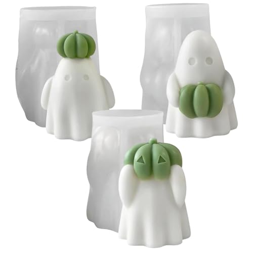 Silikonformen, Geister -Silikonform, 3pcs süße 3D -Ghost mit Kürbis Halloween -Formen, Nicht -Stick und wiederverwendbar für Kerzen, Wachs, Seife, Ton, Gips, Epoxidharz von SHITOOMFE