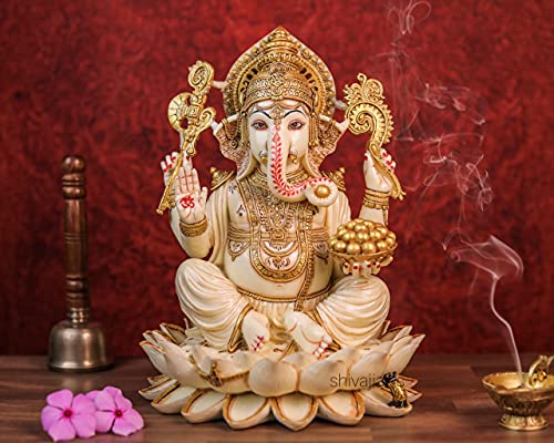 SHIVAJI ARTS Ganesha Statue 31 cm groß handbemalt Staub Marmor Ganesha Idol auf Lotus Ganapati Vinayaka Hindu-Glück Geschenk für Neuanfänge von SHIVAJI ARTS