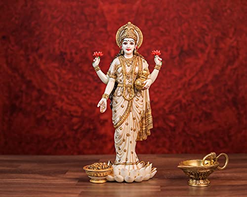 SHIVAJI ARTS Lakshmi Statue 26 cm handbemalt Staubmarmor stehend Lakshmi Idol, Hindu-Göttin des Geldes Reichtums, Fülle und Fruchtbarkeit & Wohlstand von SHIVAJI ARTS