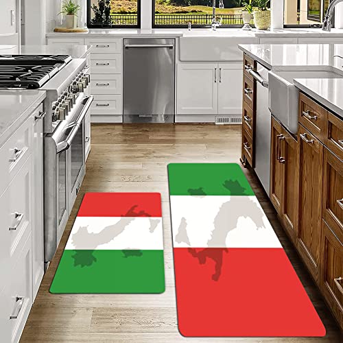 2er Küchenteppich Waschbar Rutschfest Teppich,Italienische Flagge Kartenansicht von Italien Land Chart National Country Europe Ancient Culture,Küche und im Esszimmer Badematten Set mit Rückseite von SHIVNAMI