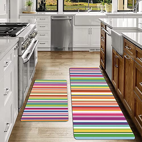 2er Küchenteppich Waschbar Rutschfest Teppich,Kunst mehrfarbig gestreift abstrakt variable Breite geometrisch kariert künstlerisch leuchtende Farben,Küche und im Esszimmer Badematten Set mit Rückseite von SHIVNAMI