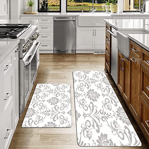 2er Küchenteppich Waschbar Rutschfest Teppich,Silhouette Stil grau barock gefliest Seide abstrakt wiederholende weiße Texturen viktorianischen Retro,Küche und im Esszimmer Badematten Set mit Rückseite von SHIVNAMI
