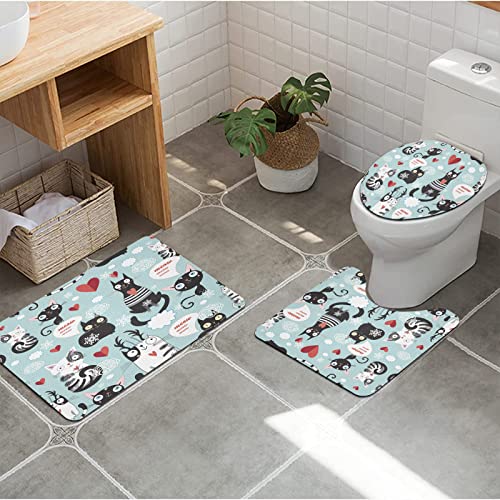 Badezimmer Set, Katzenliebhaber Schwarz-Weiß-Katzen in Love Miau unter Herzen Tagträumen Kätzchen Katzen,rutschfeste Badematte und WC-Vorleger-Set, schnelltrocknend, weich, wasserabsorbierend,3-teilig von SHIVNAMI