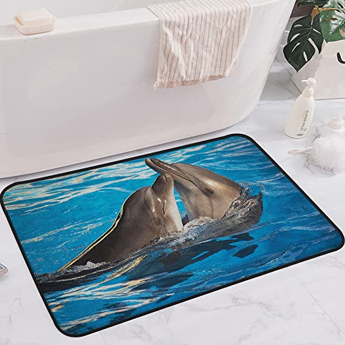 Rutschfester Badvorleger,Dolphin Aqua Show Paar Delfine tanzen im Pool Tierfamilie Zärtlichkeit Liebe Blau Dunkel Taupe,Mikrofaser Duschvorleger Teppich für Badezimmer Küche Wohnzimmer 60x100 cm von SHIVNAMI