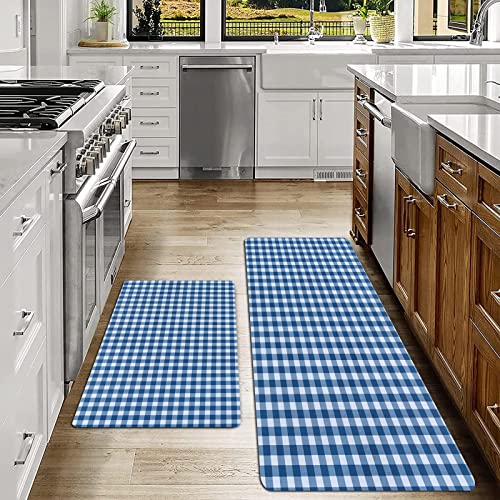 SHIVNAMI 2er Küchenteppich Waschbar rutschfest Teppich,Blatt, blau-weißes Kariertes Plaid-Muster,Küche und im Esszimmer Badematten Set mit Rückseite von SHIVNAMI