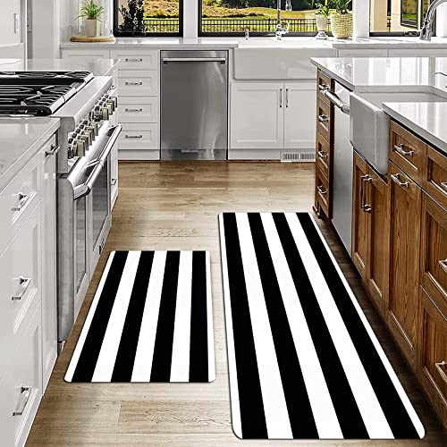 SHIVNAMI 2er Küchenteppich Waschbar rutschfest Teppich,Einfacher Streifen Schwarz und Weiß,Küche und im Esszimmer Badematten Set mit Rückseite von SHIVNAMI