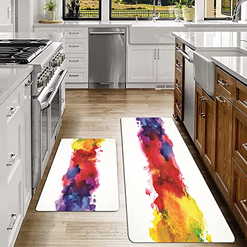 SHIVNAMI 2er Küchenteppich Waschbar rutschfest Teppich,Lebhafte Flecken von Aquarellfarbe spritzt Pinselstriche tropfende flüssige Kunst dekorativ,Küche und im Esszimmer Badematten Set mit Rückseite von SHIVNAMI