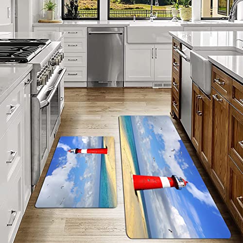 SHIVNAMI 2er Küchenteppich Waschbar rutschfest Teppich,Leuchtturm-Muster,Küche und im Esszimmer Badematten Set mit Rückseite von SHIVNAMI