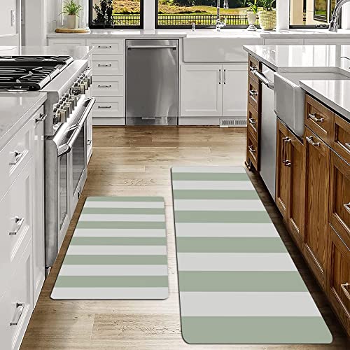 SHIVNAMI 2er Küchenteppich Waschbar rutschfest Teppich,Salbeigrüne Streifen,Küche und im Esszimmer Badematten Set mit Rückseite von SHIVNAMI