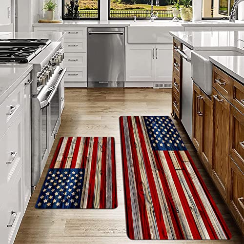SHIVNAMI 2er Küchenteppich Waschbar rutschfest Teppich,USA alte bemalte amerikanische Flagge auf dunklem Holzzaun,Küche und im Esszimmer Badematten Set mit Rückseite von SHIVNAMI