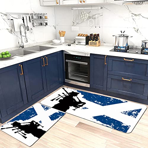 SHIVNAMI Waschbar rutschfest Küchenmatte,Blaue Cornemuse Dudelsäcke Silhouette Schottische Flagge Schottisches Militär,Türmatte für Küche und Bar Teppich Läufer waschbare Küchenläufer Küche Deko von SHIVNAMI