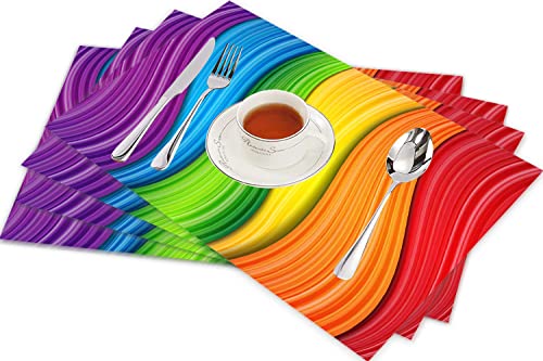 Tischsets für Esszimmer Küche Tisch 4er Set,Abstrakter Regenbogen streift Bunte Wellen,Hitzebeständig Tischmatte Home Dekoration Abwaschbar Platzset von SHIVNAMI