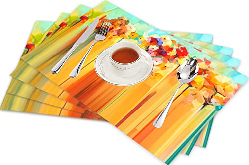 Tischsets für Esszimmer Küche Tisch 4er Set,Abstraktes gelbes und rotes Blumen-buntes modernes Blumenölgemälde,Hitzebeständig Tischmatte Home Dekoration Abwaschbar Platzset von SHIVNAMI