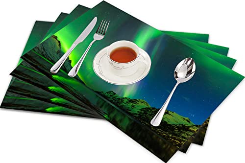 Tischsets für Esszimmer Küche Tisch 4er Set,Atmosphäre Grün Astronomisch Polarlichter Norwegen Ersfjord Tromso Magnetische Aurora Natur,Hitzebeständig Tischmatte Home Dekoration Abwaschbar Platzset von SHIVNAMI