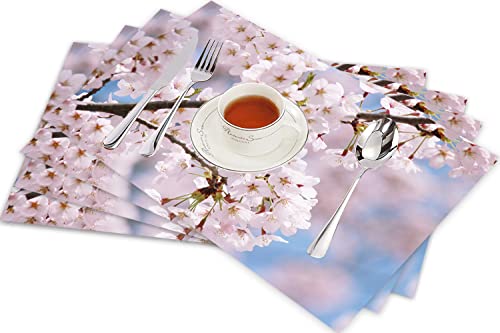 Tischsets für Esszimmer Küche Tisch 4er Set,Frühling, Blumenzweige Kirschblüten Blütenknospen blühende Naturlandschaft, schwarz,Hitzebeständig Tischmatte Home Dekoration Abwaschbar Platzset von SHIVNAMI