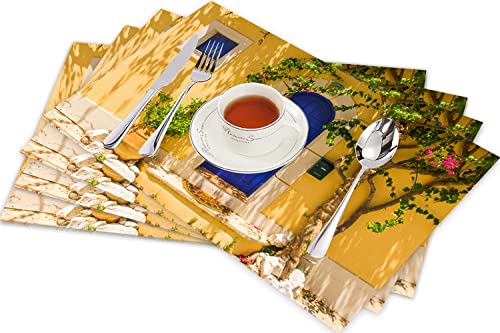 Tischsets für Esszimmer Küche Tisch 4er Set,Gelbe und Blaue, traditionelle griechische Tür mit Blumen und Baum. Mediterrane Landschaft,Hitzebeständig Tischmatte Home Dekoration Abwaschbar Platzset von SHIVNAMI